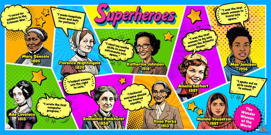 Comic-style display celebrating inspiring women shown as superheroes, with illustrated portraits and motivational quotes.