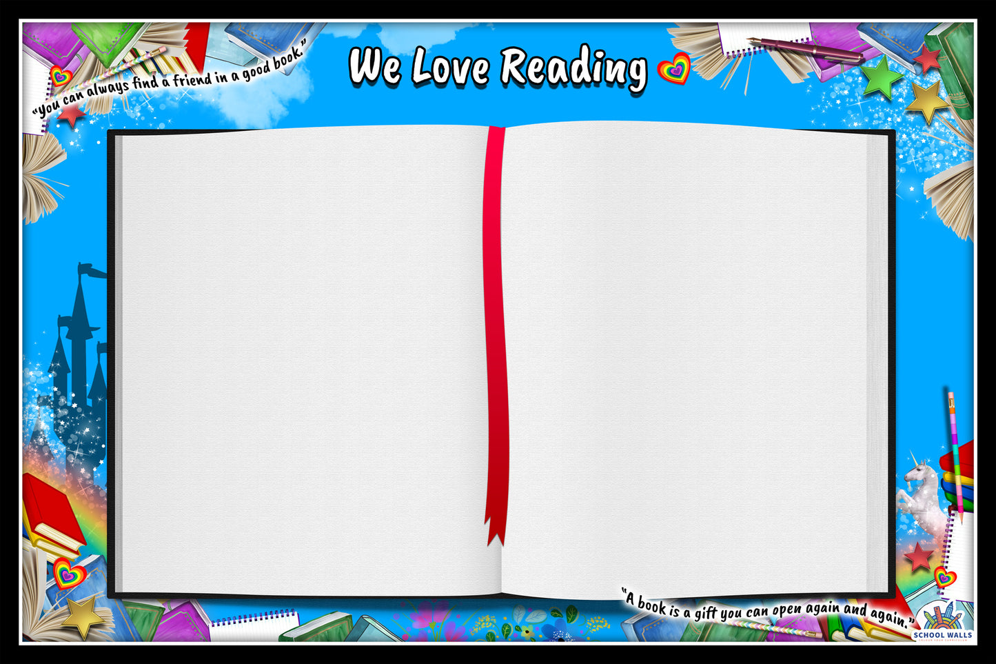 Reading-themed classroom vinyl display with an open book frame and colourful decorations, ideal for primary school reading corners.