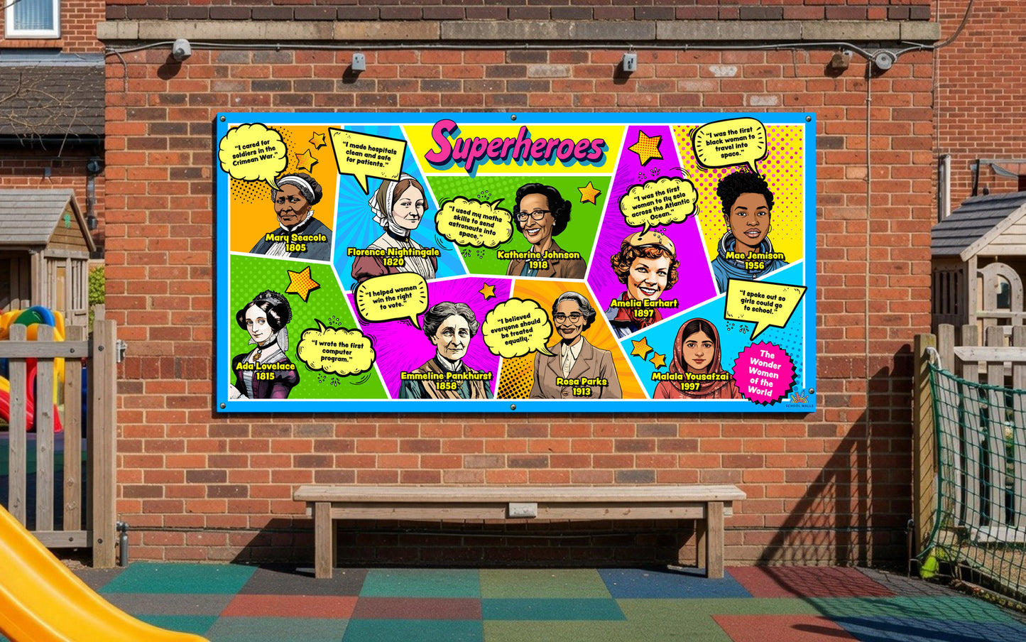 Inspiring women shown as superheroes with illustrated portraits and motivational quotes. Celebrates female role models in KS2 history and PSHE lessons.