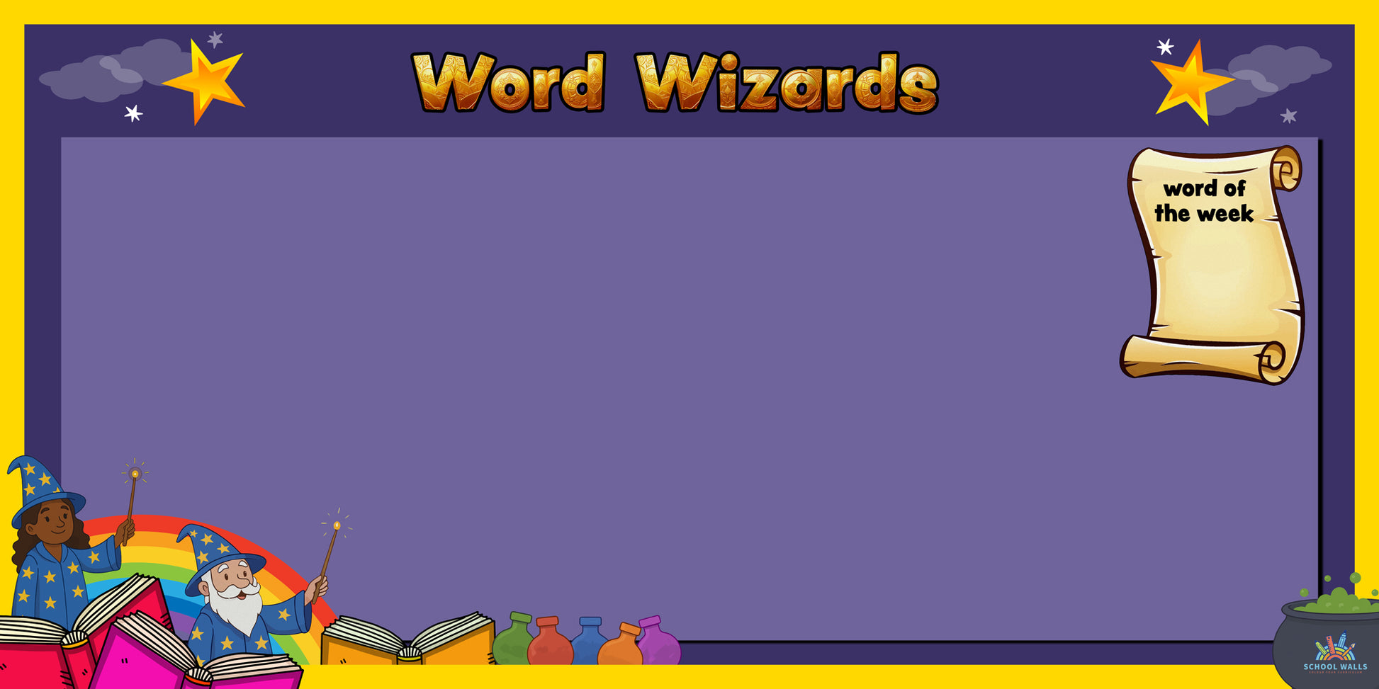 Word Wizards vinyl display with scroll for word of the week and a purple background, designed for literacy vocabulary activities.