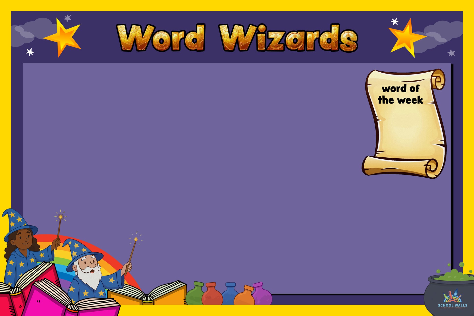 Word Wizards vinyl display with scroll for word of the week and a purple background, designed for literacy vocabulary activities.